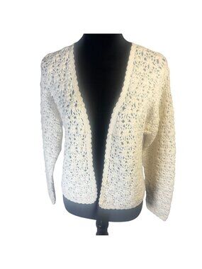 VTG Bramble Lane White Crochet Cardigan Sweater Medium Cottagecore Knit